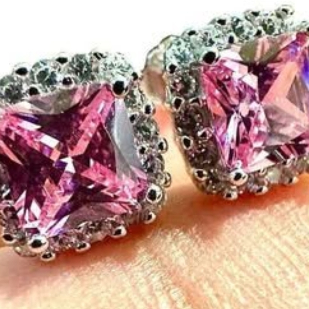 Pink Tourmaline Earrings Stud Sterling Silver 925, Cushion Cut Earrings, 9.9mm - Picture 9 of 10